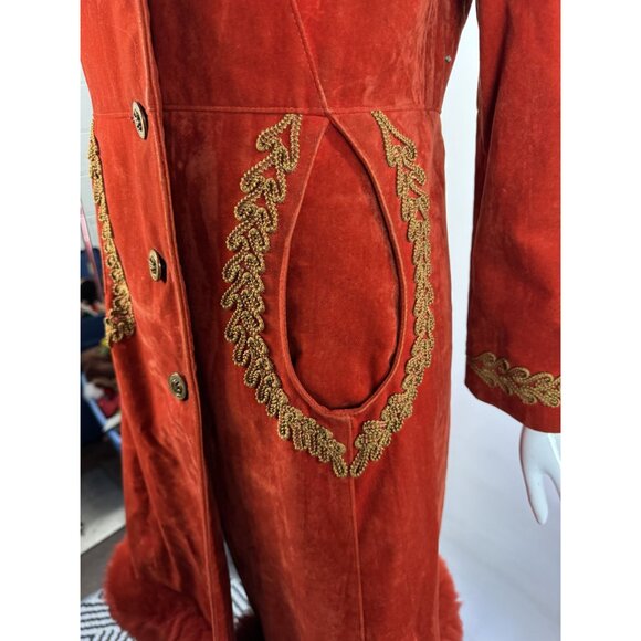 Vintage 70s Red Velvet Penny Lane Coat W/ Gold Embroidery & faux Fur Trim Hood - Picture 12 of 16